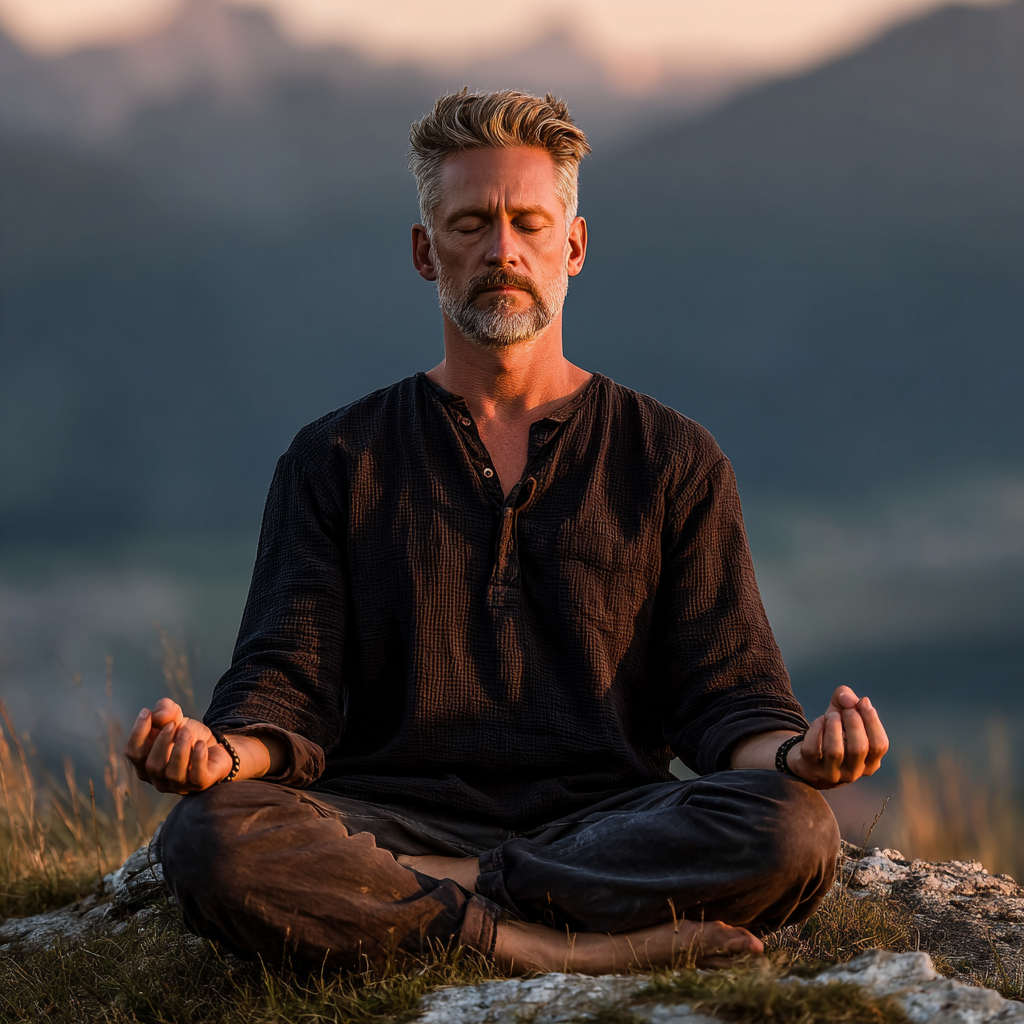 Mature man around 45 years old doing meditation pose outdoors in nature with peaceful mountain background
