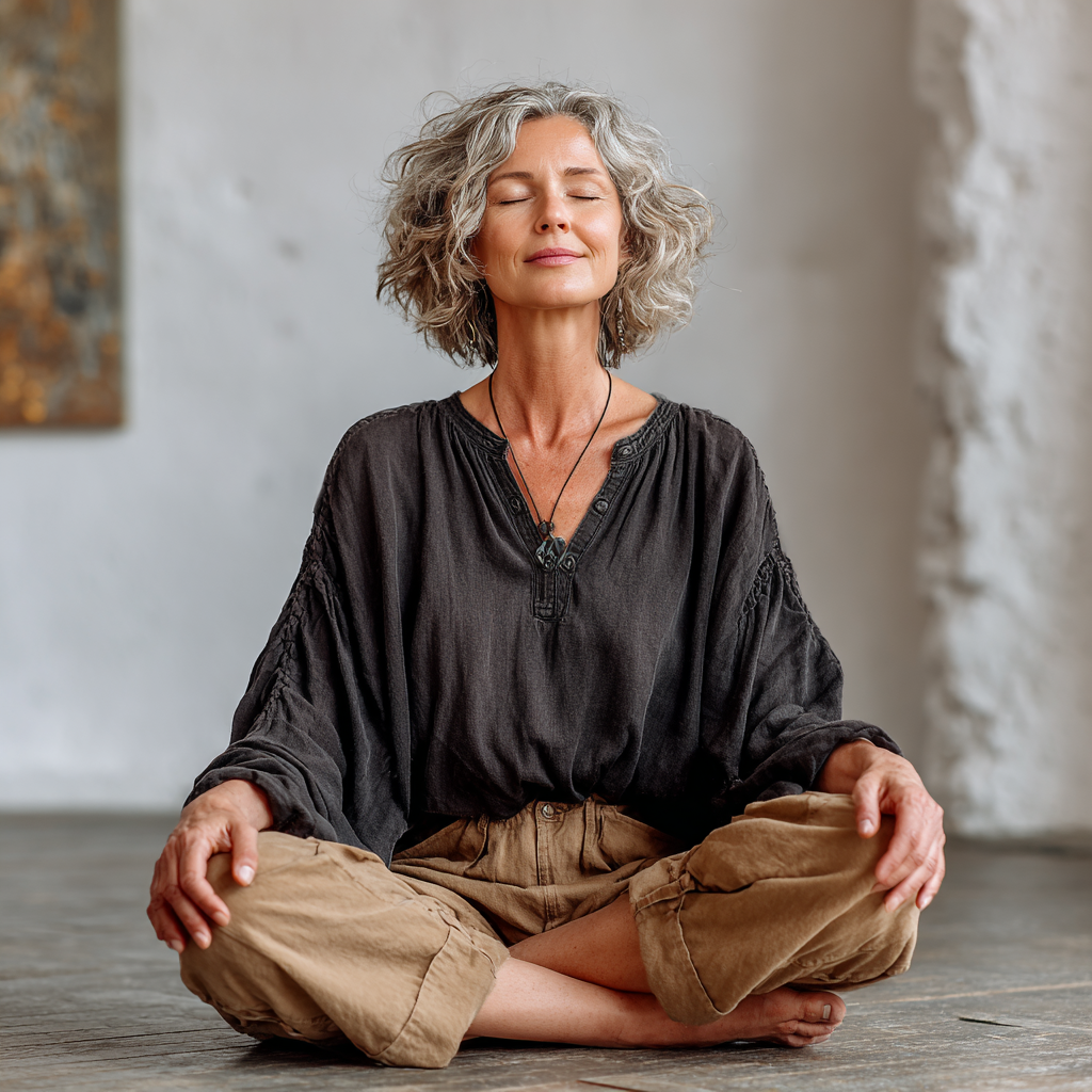 Peaceful woman in her 50s practicing yoga in lotus position with serene expression in a bright studio