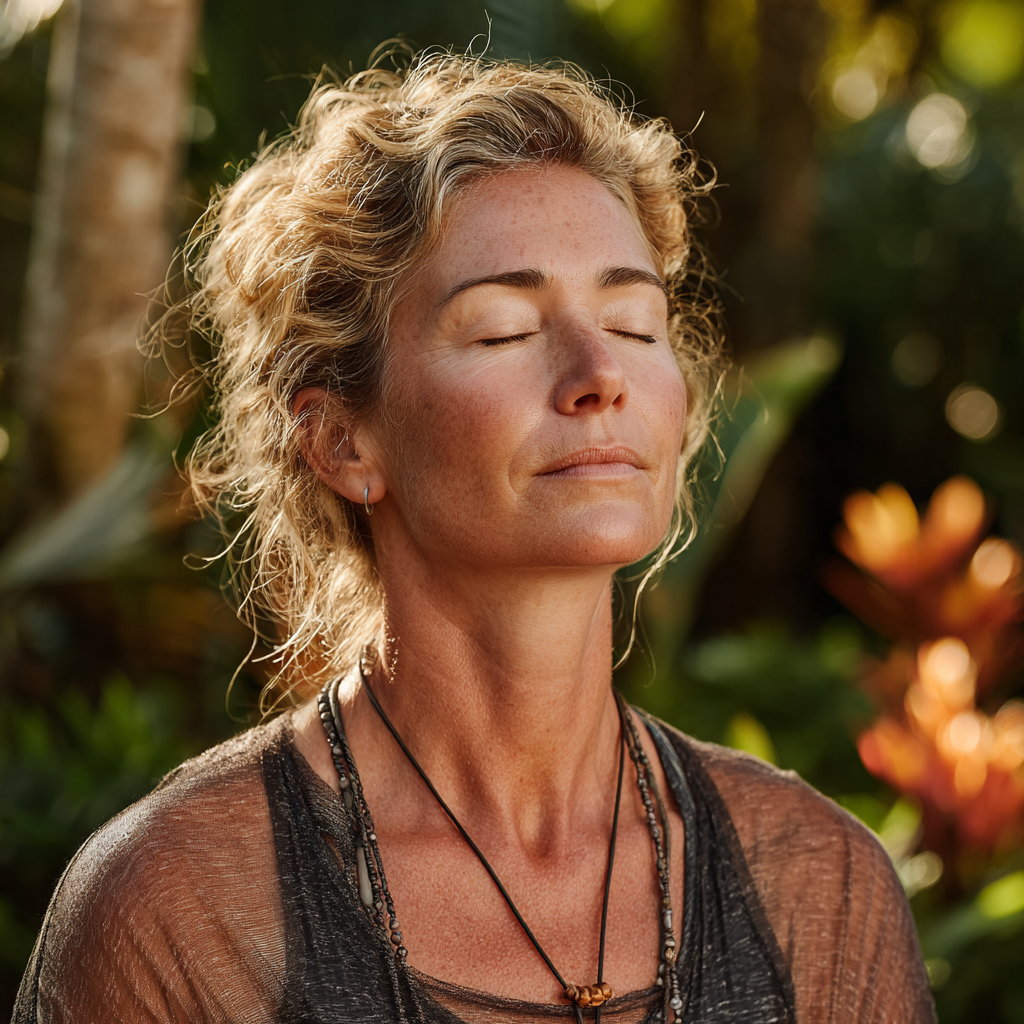 Serene woman in her early 50s practicing deep breathing meditation in lotus position with closed eyes in a peaceful garden setting